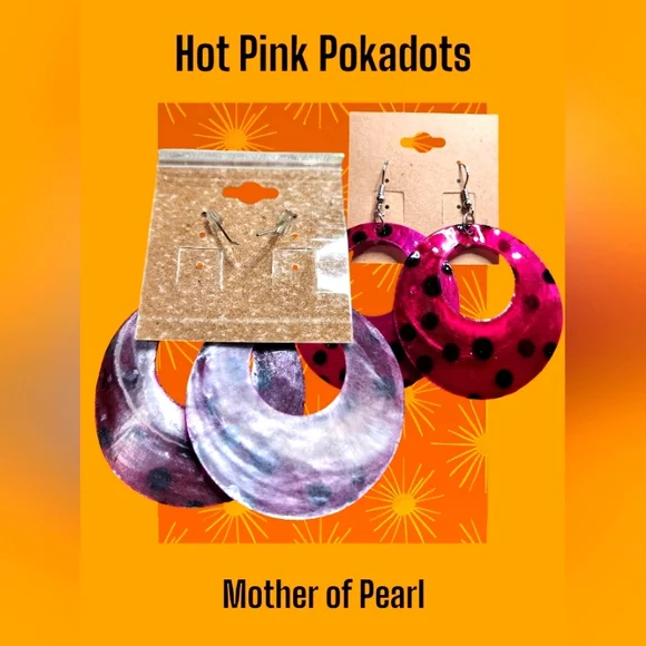 Hot Pink and Black Oriental Mother of Pearl Dangle Hook Earrings SS - Picture 2 of 2